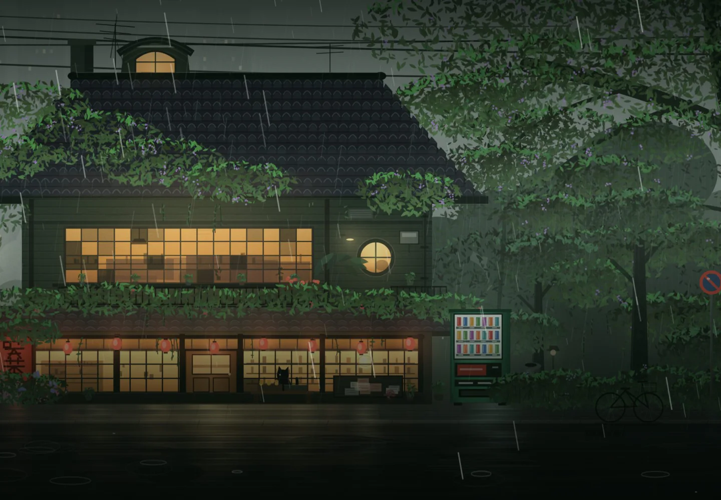 ocha 喫茶的雨夜茶馆，暖黄窗光映着树木、雨幕与街面积水